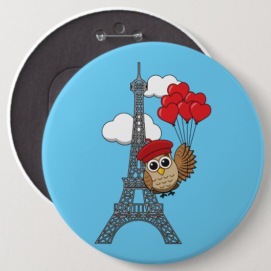 Owl Flying with Heart Balloons in Paris Button (Vorne & Hinten)