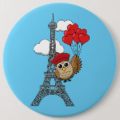 Owl Flying with Heart Balloons in Paris Button (Vorderseite)