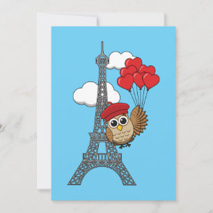 Owl Flying with Heart Balloons in Paris Feiertagskarte