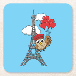 Owl Flying with Heart Balloons in Paris Rechteckiger Pappuntersetzer