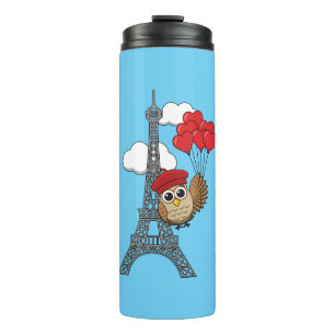 Owl Flying with Heart Balloons in Paris Thermosbecher