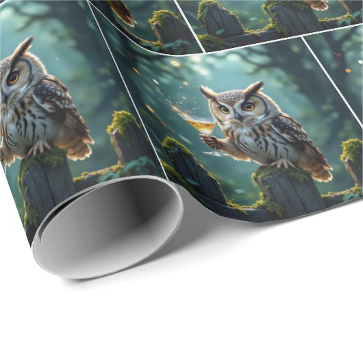 Owl Holding a Cocktail In a Mystical Forest Geschenkpapier (Rolleneckpunkt)
