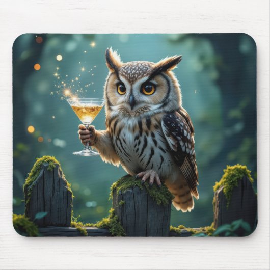 Owl Holding a Cocktail In a Mystical Forest Mousepad (Vorne)