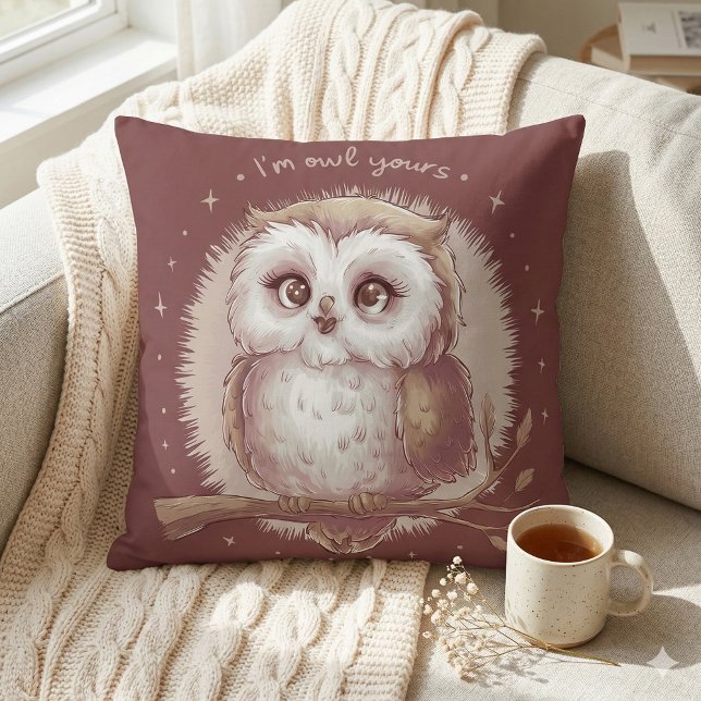 Owl Illustration Niedlich Whimsical Cotattecore Kissen (Owl Illustration Cute Whimsical Cottagecore Throw Pillow Mockup A)