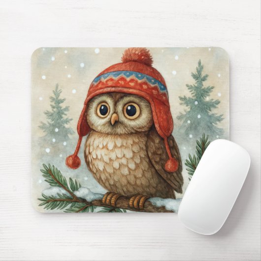 Owl In a Winter Cap Mousepad (Mit Mouse)