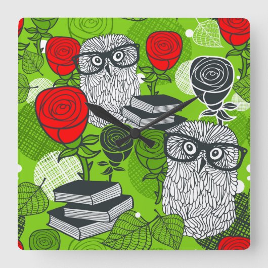 Owl in red roses quadratische wanduhr (Vorderseite)