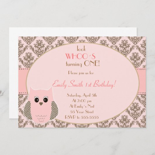 Owl Invitation Girl Birthday Party Pink Gold Einladung (Vorne/Hinten)