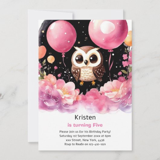 Owl Kids Girl zum Geburtstag Einladung (Vorderseite)