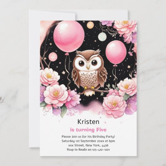 Owl Kids Girl zum Geburtstag Einladung (Vorderseite)