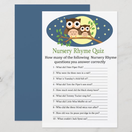 Owl Kinderzimmer Rhyme Quiz Kinderduschenspiel (Vorne/Hinten)