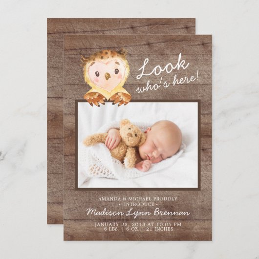 Owl Look Wer ist hier Junge Foto Geburtserklärung Ankündigung (Vorne/Hinten)