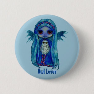 Owl Lover Fairy mit Snowy Owl Winter Big Eyes Button