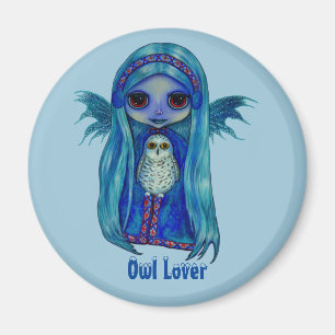 Owl Lover Fairy mit Snowy Owl Winter Big Eyes Magnet