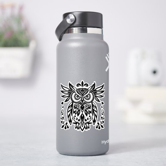 Owl Lovers Rustic Woodlands Black White Bohemian  Aufkleber (HydroFlask)