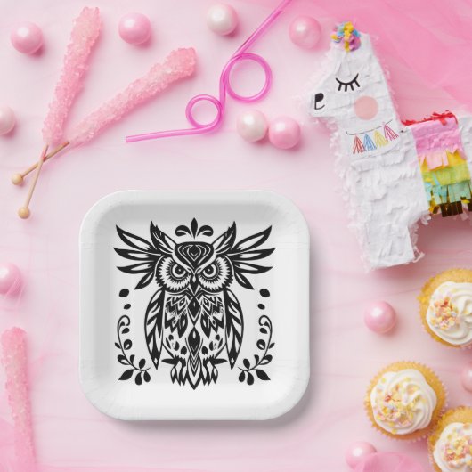 Owl Lovers Rustic Woodlands Black White Bohemian Pappteller (Party)