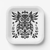 Owl Lovers Rustic Woodlands Black White Bohemian Pappteller (Vorderseite)