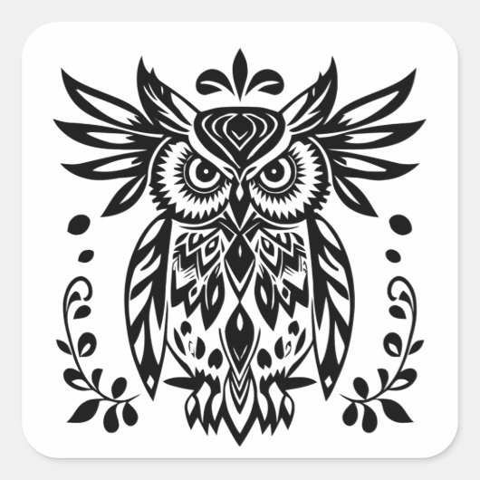 Owl Lovers Rustic Woodlands Black White Bohemian Quadratischer Aufkleber (Vorderseite)
