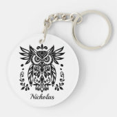 Owl Lovers Rustic Woodlands Black White Bohemian  Schlüsselanhänger (Rückseite)