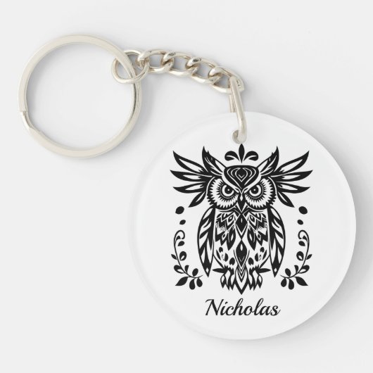 Owl Lovers Rustic Woodlands Black White Bohemian Schlüsselanhänger (Vorderseite)