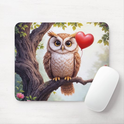 Owl mit Rotem Herzballon Mousepad (Mit Mouse)