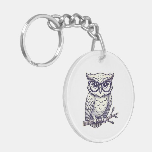 Owl mit Tiny Reading Brillen auf einer Zweignieder Schlüsselanhänger (Vorderseite links)