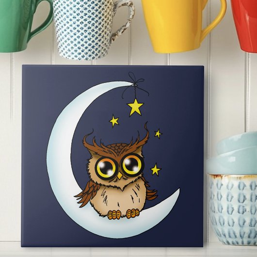 Owl Moon Blue Niedlich Stars Fliese
