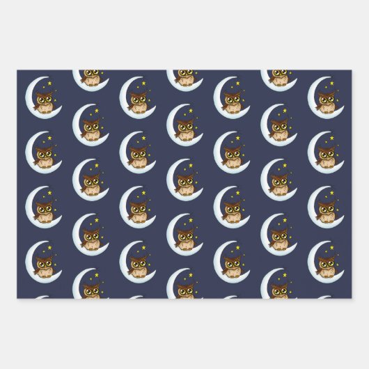 Owl Moon Blue Niedlich Stars Geschenkpapier Set (Vorderseite)