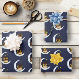Owl Moon Blue Niedlich Stars Geschenkpapier Set