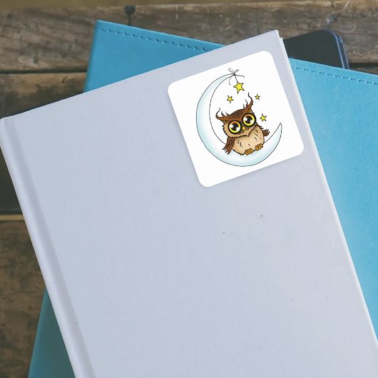 Owl Moon Blue Niedlich Stars Quadratischer Aufkleber