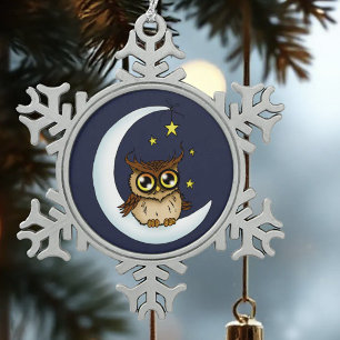 Owl Moon Blue Niedlich Stars Schneeflocken Zinn-Ornament