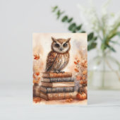 Owl on Books Autumn Aquarell Art Postkarte (Stehend Vorderseite)