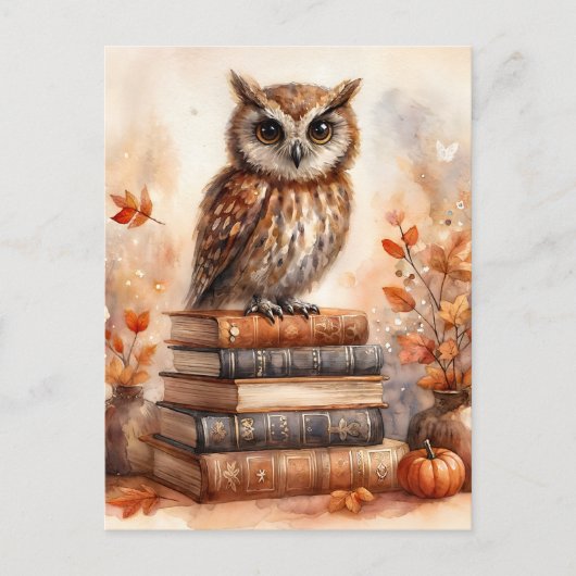 Owl on Books Autumn Aquarell Art Postkarte (Vorderseite)