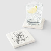  Owl on Crescent Moon with Stars Line Art Steinuntersetzer (Seitenansicht)