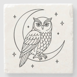  Owl on Crescent Moon with Stars Line Art Steinuntersetzer