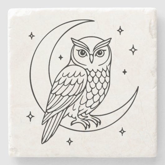  Owl on Crescent Moon with Stars Line Art Steinuntersetzer (Vorderseite)