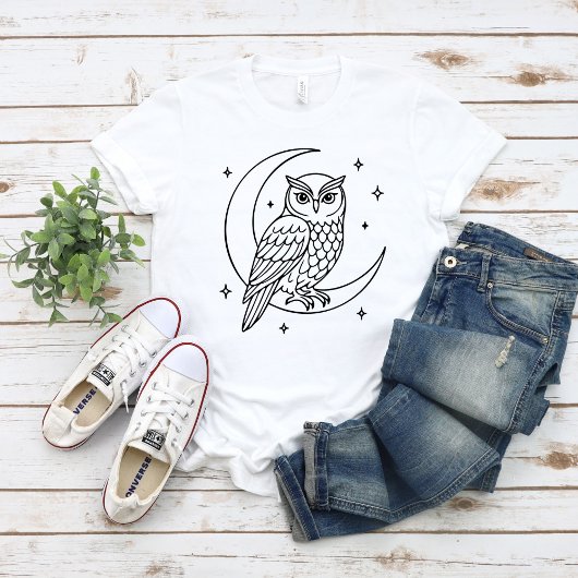  Owl on Crescent Moon with Stars Line Art T-Shirt