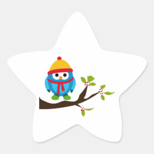 Owl Owls Bird Birds Blue Hat Scarf Schnee Niedlich Stern-Aufkleber