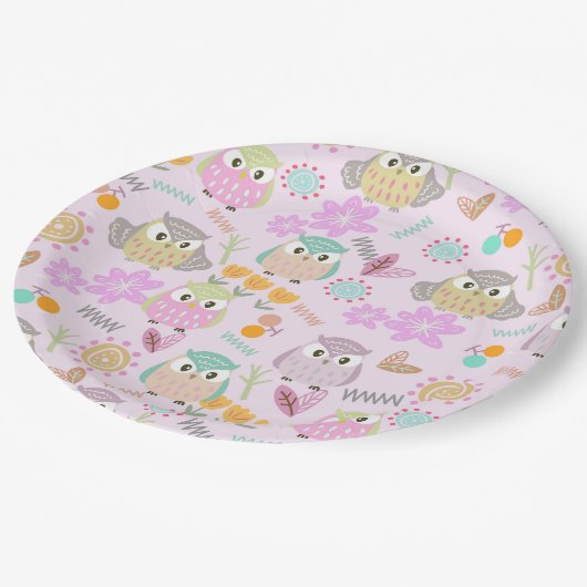 Owl Pastel Pink   Pappteller (Schrägansicht)