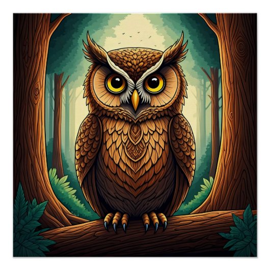 Owl perched on a tree log in a forest poster (Vorderseite)