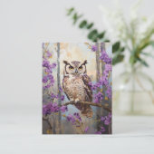 Owl Perched Purple Flowers Malerei Postkarte (Stehend Vorderseite)