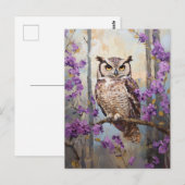 Owl Perched Purple Flowers Malerei Postkarte (Vorne/Hinten)