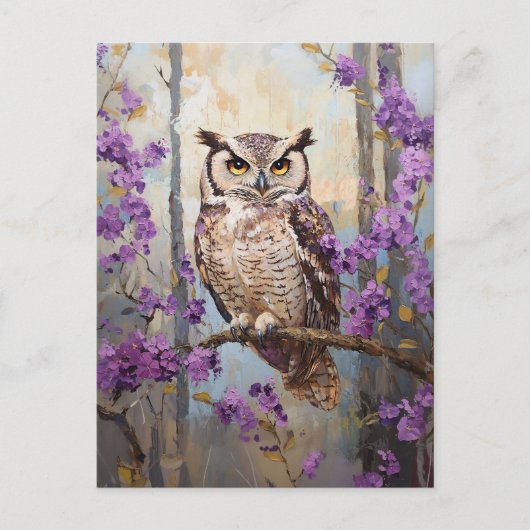 Owl Perched Purple Flowers Malerei Postkarte (Vorderseite)