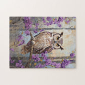 Owl Perched Purple Flowers Malerei Puzzle (Horizontal)