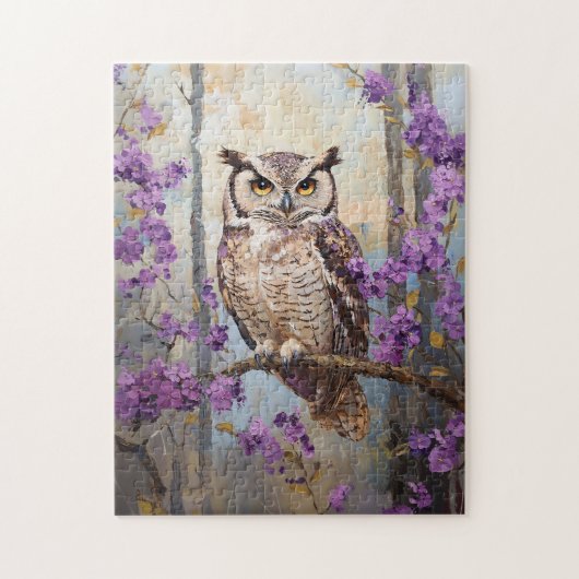 Owl Perched Purple Flowers Malerei Puzzle (Vertikal)