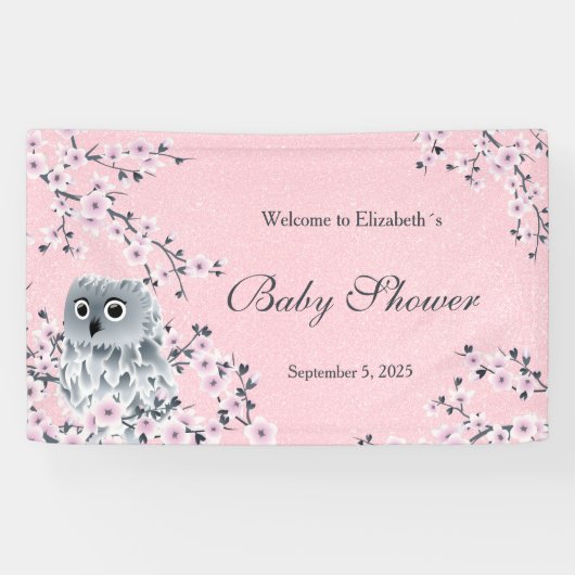 Owl Pink Glitzer Cherry Blossom Baby  Banner (Horizontal)