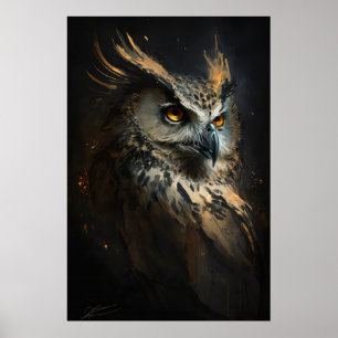 Owl Portrait Animal Nature Dark Painting Poster