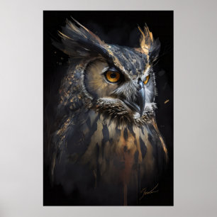 Owl Portrait Animal Nature Dark Painting Poster