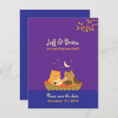 Owl & Pussycat Save the Date (Lila und blau) Einladung (Vorne/Hinten)