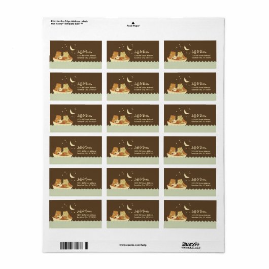 Owl & Pussycat Storybook Wedding (blau und braun) Adressaufkleber (Vorne)