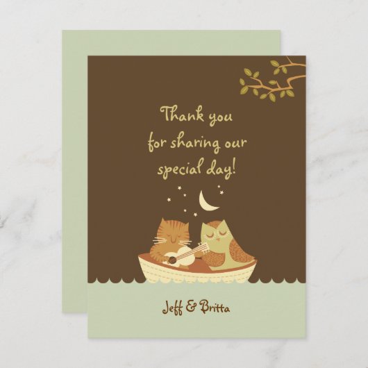 Owl & Pussycat Storybook Wedding (blau und braun) Dankeskarte (Vorne/Hinten)